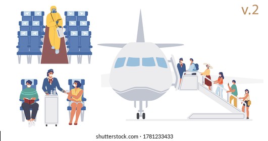 New Flight Travel Rules On Board, Vector Flat Illustration. Cleaning And Disinfection Of Aircraft Cabin Surfaces. Passengers, Flight Attendant Wearing Face Masks During Boarding Procedure And Travel.