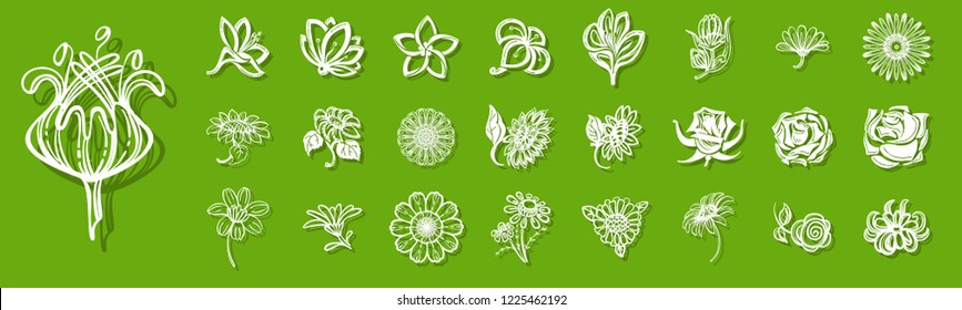 New flower icon set. Simple set of flower vector icons for web design on green background for any design