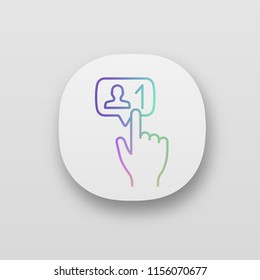 New follower button click app icon. UI/UX user interface. Web or mobile application. Social media subscriber. New friend. Hand pressing button. Vector isolated illustration