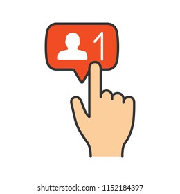 New follower button click color icon. Social media subscriber. New friend. Hand pressing button. Isolated vector illustration