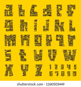 New font with cracks. Trendy alphabet, black vector letters on a yellow background, lowercase.