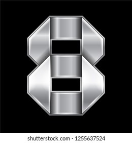New font folded from a silver metallic ribbon. Trendy alphabet, gray vector number Eight on a black background, 10eps