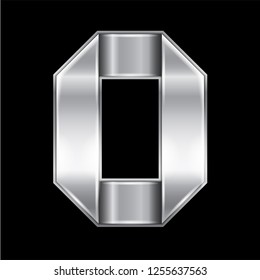 New font folded from a silver metallic ribbon. Trendy alphabet, gray vector number Zero on a black background, 10eps