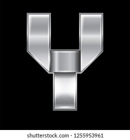 New font folded from a silver metallic ribbon. Trendy roman alphabet, gray vector letter Y on a black background, 10eps