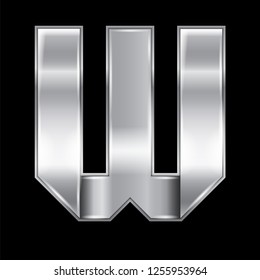 New font folded from a silver metallic ribbon. Trendy roman alphabet, gray vector letter W on a black background, 10eps