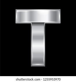 New font folded from a silver metallic ribbon. Trendy roman alphabet, gray vector letter T on a black background, 10eps