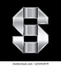 New font folded from a silver metallic ribbon. Trendy roman alphabet, gray vector letter S on a black background, 10eps