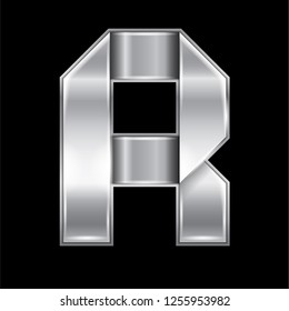New font folded from a silver metallic ribbon. Trendy roman alphabet, gray vector letter R on a black background, 10eps