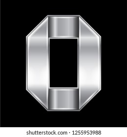 New font folded from a silver metallic ribbon. Trendy roman alphabet, gray vector letter O on a black background, 10eps