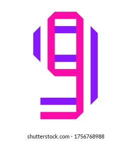 New font folded from two colored paper tapes. Trendy alphabet, vector number nine on a white background, vector illustration 10EPS