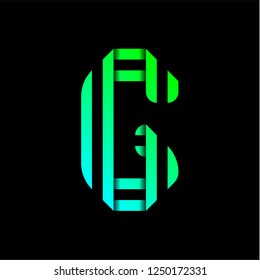 New font folded from two paper tapes. Trendy alphabet, green vector letter G on a black background.