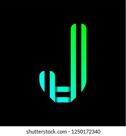 New font folded from two paper tapes. Trendy alphabet, green vector letter J on a black background.
