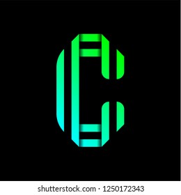 New font folded from two paper tapes. Trendy alphabet, green vector letter C on a black background.