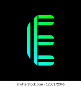 New font folded from two paper tapes. Trendy alphabet, green vector letter E on a black background.