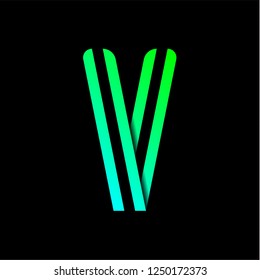 New font folded from two paper tapes. Trendy alphabet, green vector letter V on a black background.