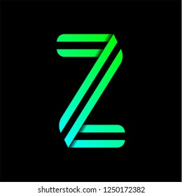 New font folded from two paper tapes. Trendy alphabet, green vector letter Z on a black background.