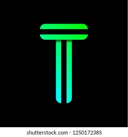 New font folded from two paper tapes. Trendy alphabet, green vector letter T on a black background.