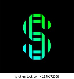 New font folded from two paper tapes. Trendy alphabet, green vector letter S on a black background.