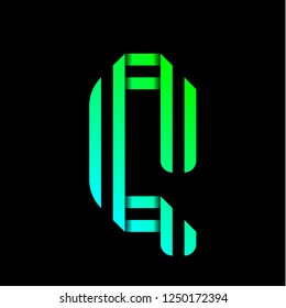 New font folded from two paper tapes. Trendy alphabet, green vector letter Qon a black background.