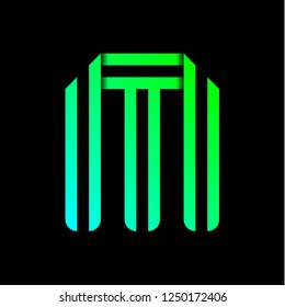 New font folded from two paper tapes. Trendy alphabet, green vector letter M on a black background.