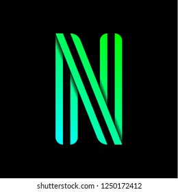 New font folded from two paper tapes. Trendy alphabet, green vector letter N on a black background.