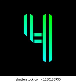 New font folded from two paper tapes. Trendy alphabet, green vector number four on a black background.