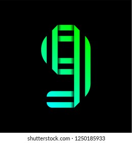 New font folded from two paper tapes. Trendy alphabet, green vector number nine on a black background.