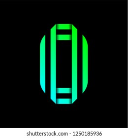 New font folded from two paper tapes. Trendy alphabet, green vector number zero on a black background.