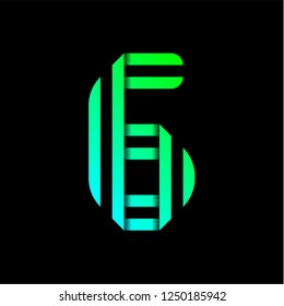 New font folded from two paper tapes. Trendy alphabet, green vector number six on a black background.