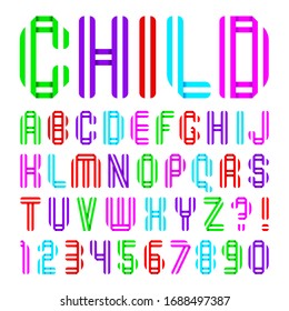 New font folded from two paper tapes. Trendy alphabet, colored vector letters and numbers