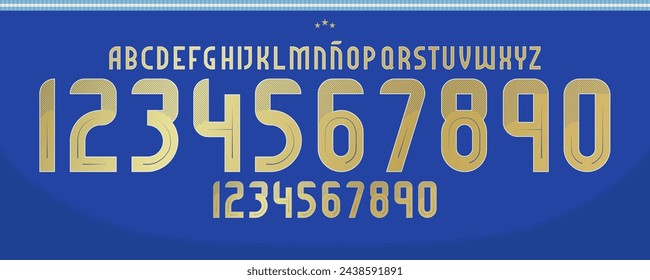 nueva fuente vector team argentina 2024 kit sport style font. fuente estilo fútbol con líneas y puntos en el interior, fuente messi. letras y números de estilo deportivo para el equipo de fútbol