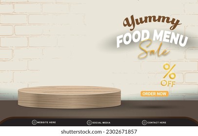 new food menu sale discount with landscape social media post tempate banner with copy space 3d podium for food sale with abstract gradient brown and white background design