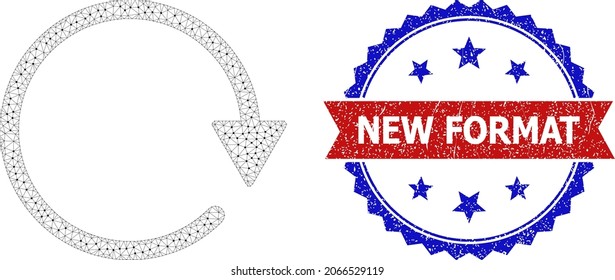 New Format textured stamp seal, and rotate CW icon mesh structure. Red and blue bicolored stamp seal includes New Format text inside ribbon and rosette. Abstract flat mesh rotate CW,