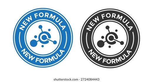  Nueva insignia de fórmula con una estructura molecular. Diseño de sello circular azul que representa la innovación científica, la mejora química o la tecnología avanzada en los ingredientes del producto.