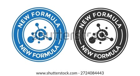  New formula badge featuring a molecule structure. Blue circular stamp design representing scientific innovation, chemical improvement, or advanced technology in product ingredients.
