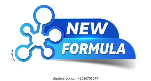 New formula - emblem for new product line. Blue sticker with molecular symbol. New innovative and improved formula product label packaging vector badge icon.