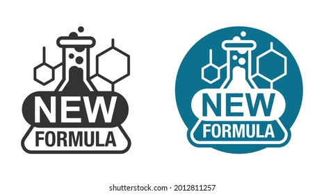 Neuer Flachbildschirm mit molekularen Zellelementen und Reagenzglas - einzelne Vektoraufkleber für Verpackungsinformationen