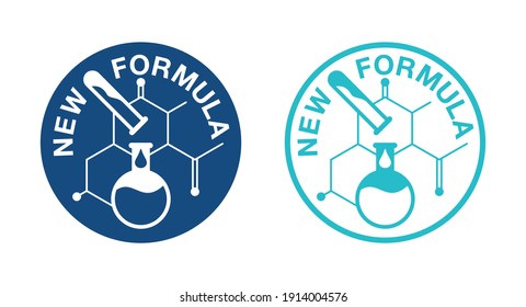 New Formula flat blue badge in circular form with molecular cell and test tubes - isolated vector sticker for packaging information