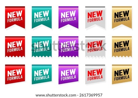 New Formula icon set. New Formula label, logo, badge, symbol, banner, gold, red, green, purple, stamp, circle, line, flat vector, isolated illustration. New Formula label for product packaging design.