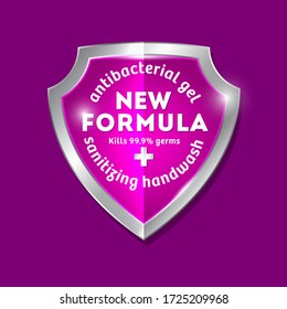 New Formula logo. Sanitizer gel, antiseptic and virus protection label. Sanitizer for hands and body. Pink and silver glossy shield with letters and medical cross.