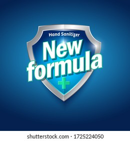 New Formula Logo. Sanitizer Gel, Antiseptic And Virus Protection Label. Sanitizer For Hands And Body. Blue And Silver Glossy Shield With Letters And Medical Cross. 