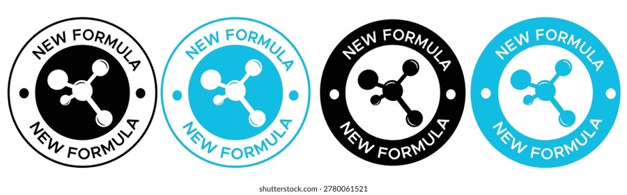 New Formula Product Labels: Professional Molecular Icon Set in Blue, Black, and White - Circular Quality Guarantee Badges for Cosmetics, Supplements, and Chemical Packaging Design