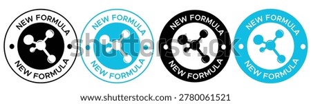 New Formula Product Labels: Professional Molecular Icon Set in Blue, Black, and White - Circular Quality Guarantee Badges for Cosmetics, Supplements, and Chemical Packaging Design