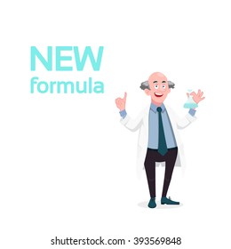 new formula, Scientist chemist holding a retort, cartoon, vector illustration
