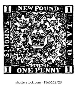 New foundland one penny stamp is a square containing one flower which further contains four flowers and one crown vintage line drawing.