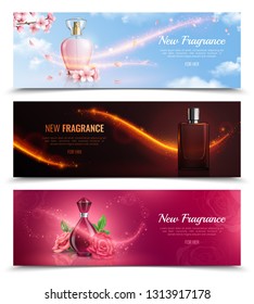 New fragrance horizontal cosmetics banners with bottles of perfume and effect of magic flying glitters realistic vector illustration