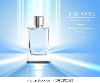 New Fragrance For Men Perfume Poster With Vial Of Eau De Parfum  On Blue Background And Fresh Power Headline Realistic Vector Illustration 