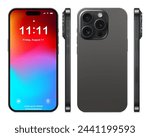 new frameless smartphone grey color with colorful screen saver, front, back and side view, isolated on white background. mockup of realistic and detailed mobile phone with shadow. vector illustration