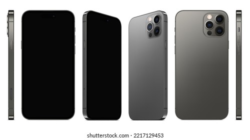 new frameless smartphone grey color with blaсk screen saver front and back and side view isolated on white background. mockup of realistic mobile phone with shadow. vector 3d isometric illustration