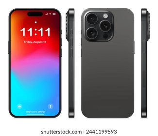 new frameless smartphone grey color with colorful screen saver, front, back and side view, isolated on white background. mockup of realistic and detailed mobile phone with shadow. vector illustration